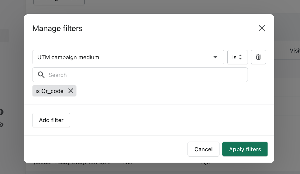Screenshot showing how to setup a filter for qr codes